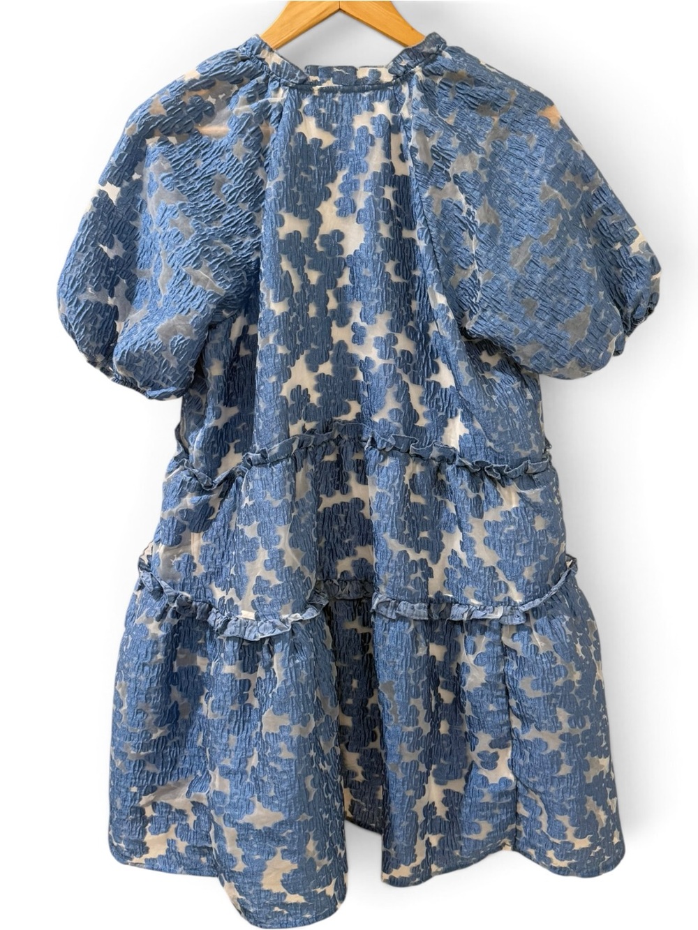 Maeve Anthropologie Tiered Jacquard Dress Blue Textured Puff Sleeve Petite SP - Picture 6 of 8